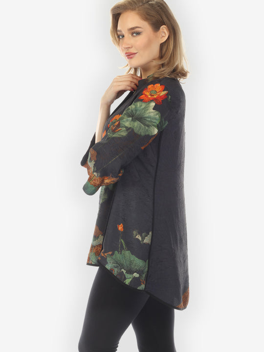 Lotus Paradise Navy Silk Tummy Tuck Shirt