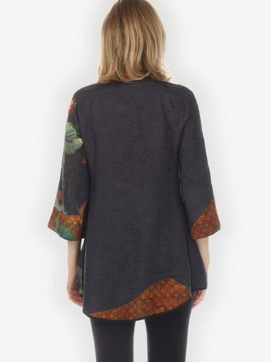 Lotus Paradise Navy Silk Tummy Tuck Shirt