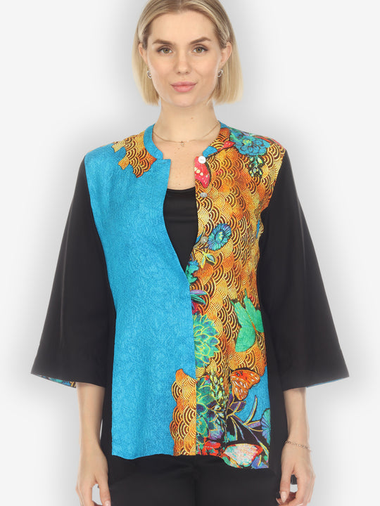 Magical Butterfly in Blue Silk Tummy Tuck Blouse