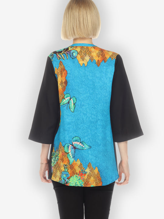 Magical Butterfly in Blue Silk Tummy Tuck Blouse
