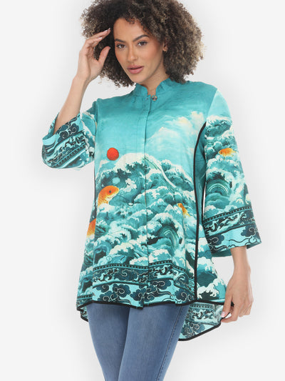 Medallion Koi Fish Wave in Turquoise Tummy Tuck Blouse - M