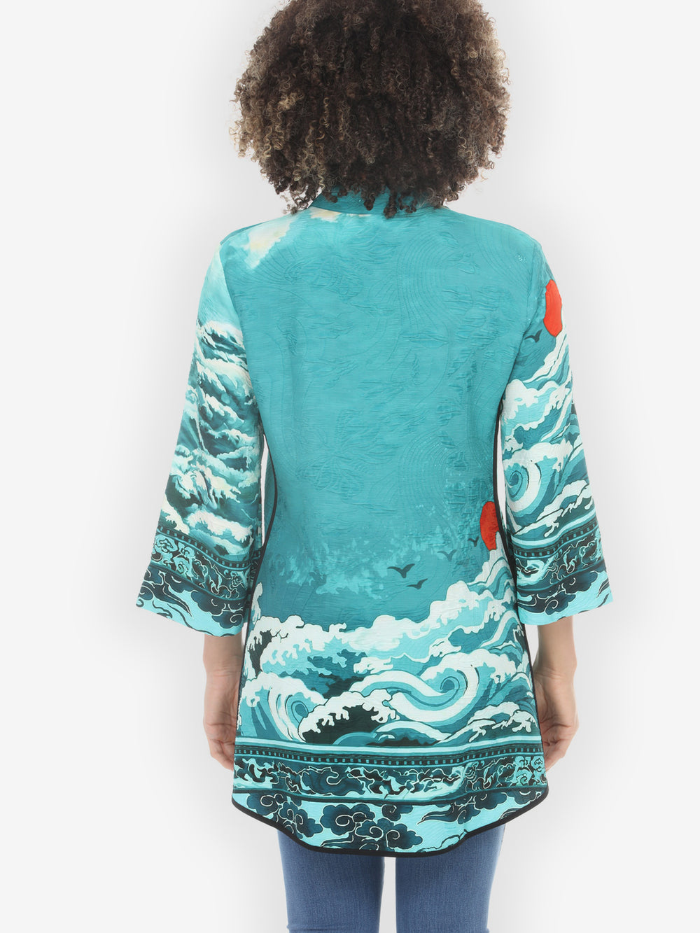 Medallion Koi Fish Wave in Turquoise Tummy Tuck Blouse - M
