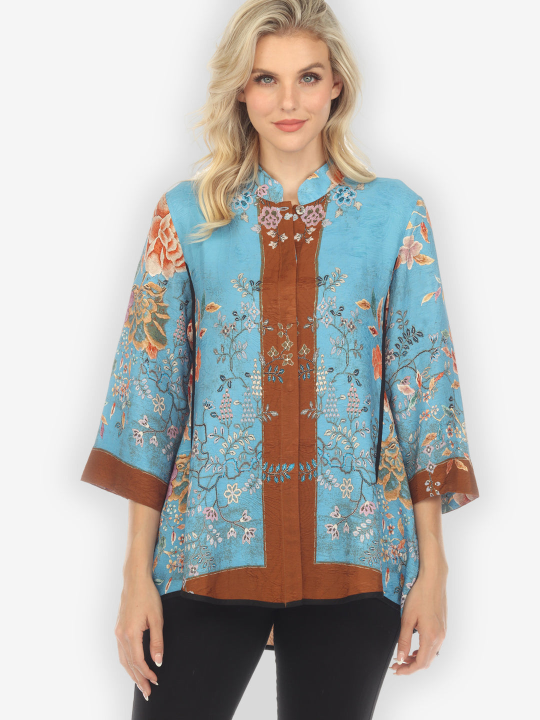 Queenly Radiant Charm in Blue Silk Tummy Tuck Shirt