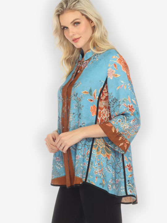 Queenly Radiant Charm in Blue Silk Tummy Tuck Shirt
