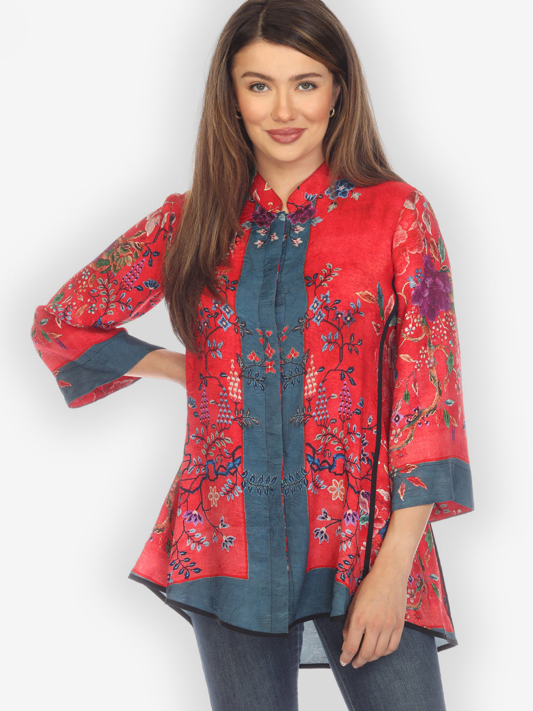 Queenly Radiant Charm Red Silk Tummy Tuck Blouse