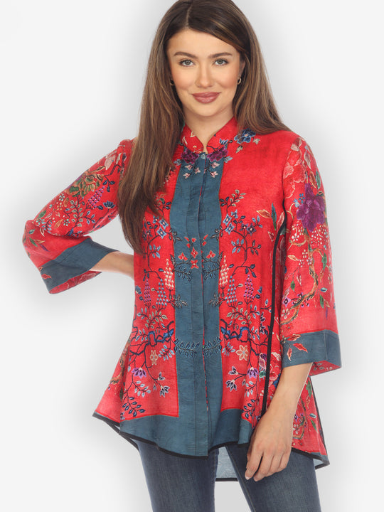 Queenly Radiant Charm Red Silk Tummy Tuck Blouse