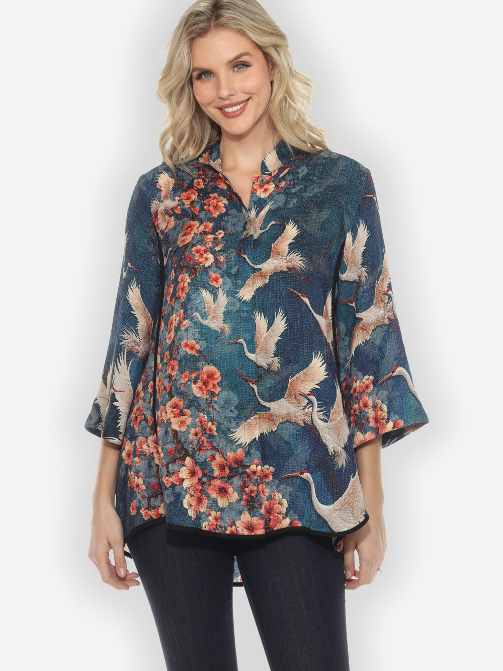Sakura and Cranes Silk Tummy Tuck Shirt