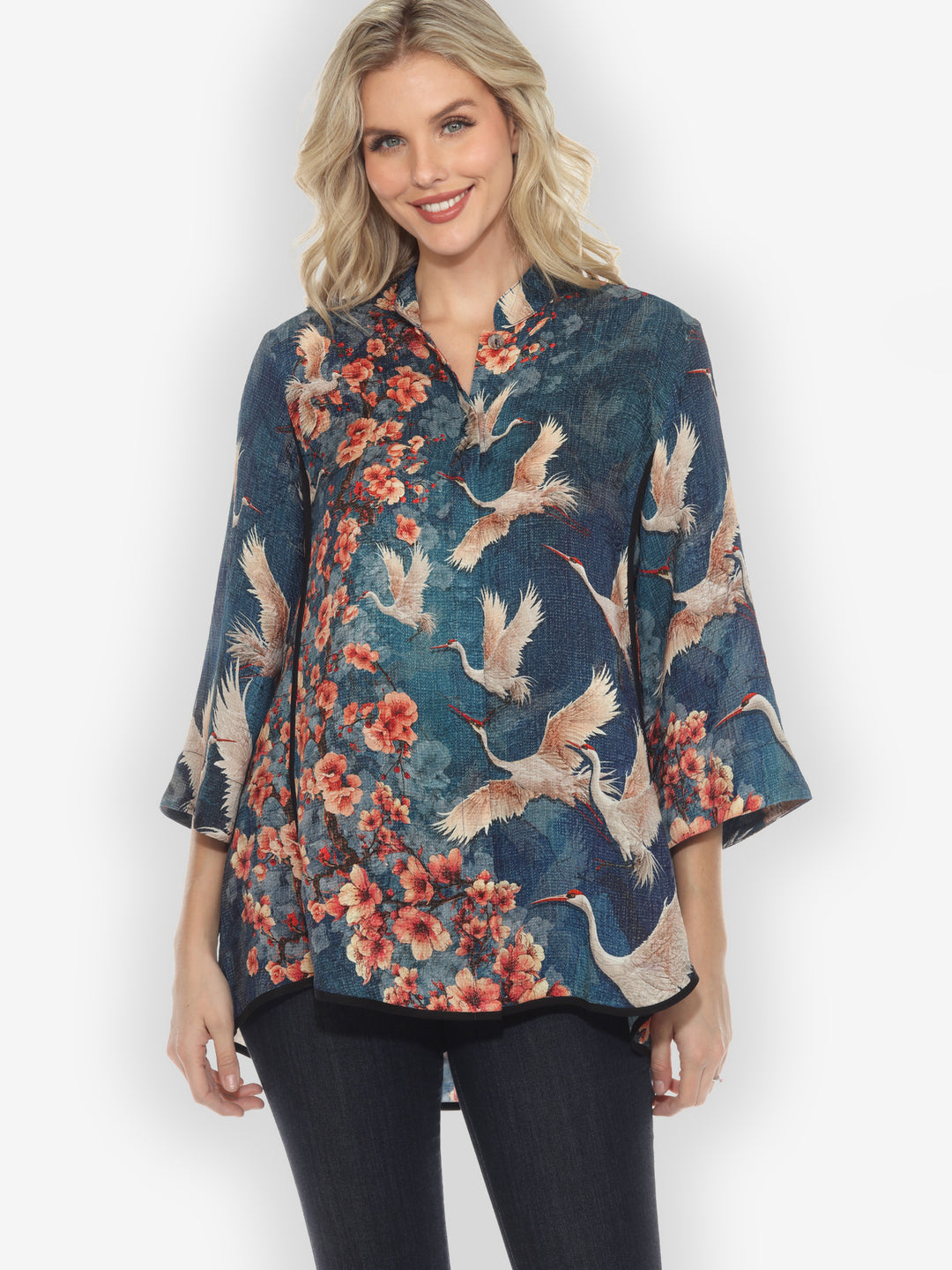 Sakura and Cranes Silk Tummy Tuck Shirt