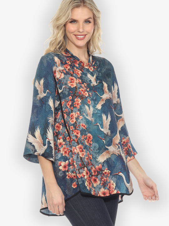 Sakura and Cranes Silk Tummy Tuck Shirt