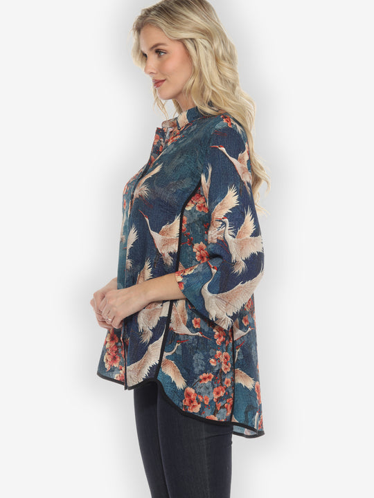 Sakura and Cranes Silk Tummy Tuck Shirt