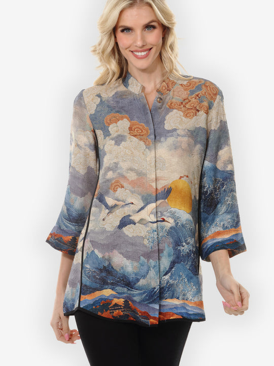 Sun Crane in Blue Colorway Silk Tummy Tuck Shirt