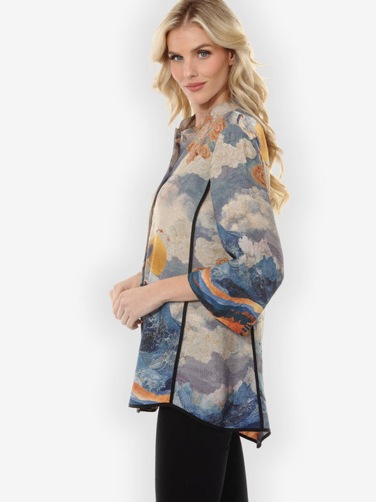 Sun Crane in Blue Colorway Silk Tummy Tuck Shirt