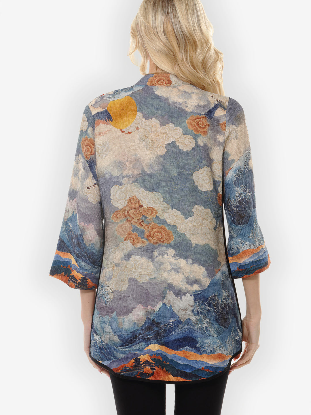 Sun Crane in Blue Colorway Silk Tummy Tuck Shirt