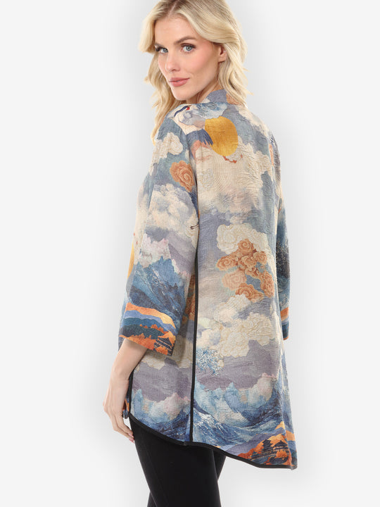 Sun Crane in Blue Colorway Silk Tummy Tuck Shirt