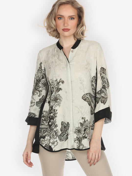 Tasteful Butterfly Art Tummy Tuck Silk Shirt