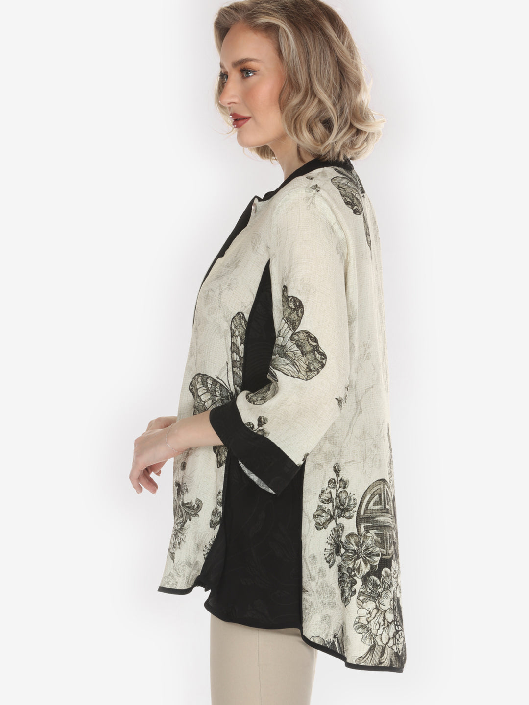Tasteful Butterfly Art Tummy Tuck Silk Shirt