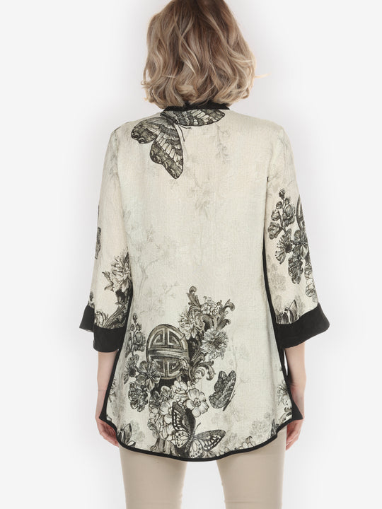 Tasteful Butterfly Art Tummy Tuck Silk Shirt
