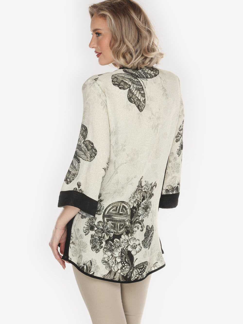 Tasteful Butterfly Art Tummy Tuck Silk Shirt