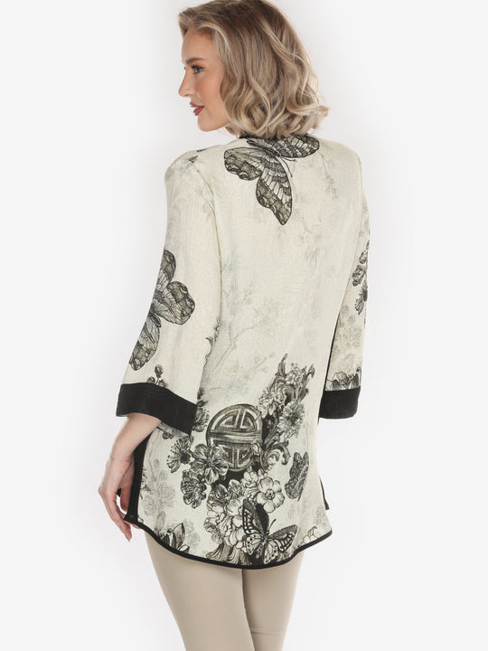 Tasteful Butterfly Art Tummy Tuck Silk Shirt