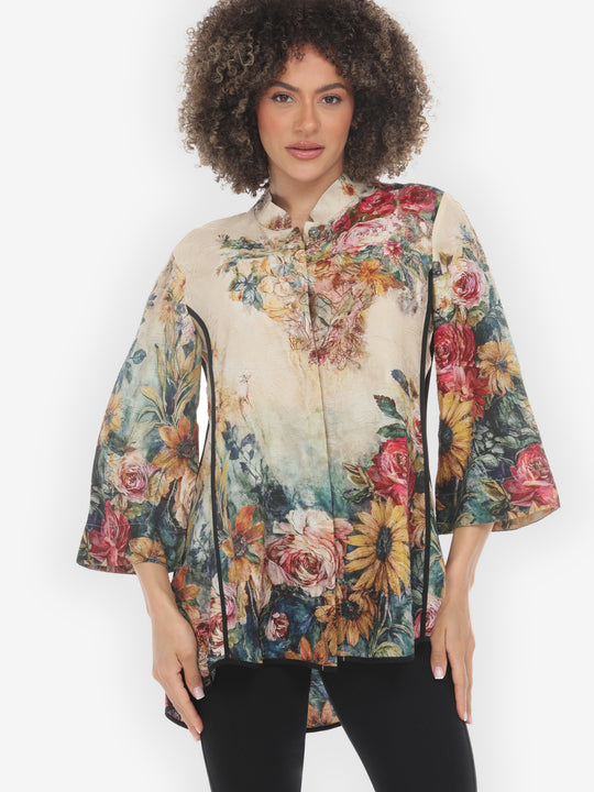 Vintage Floral Art Silk Tummy Tuck Shirt