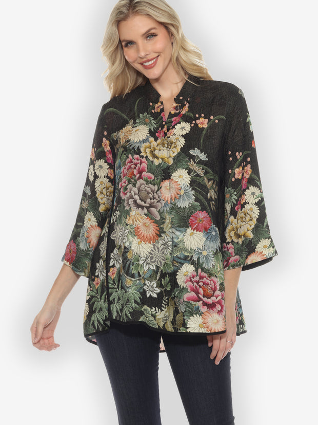 Vintage Flowers in Black Tummy Tuck Shirt