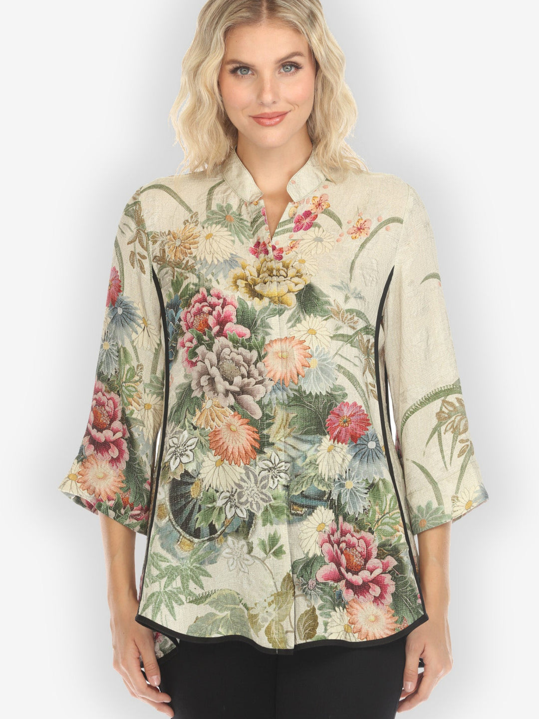 Vintage Flowers in Cream Tummy Tuck Silk Shirt
