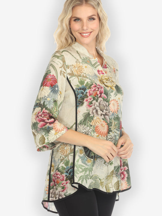 Vintage Flowers in Cream Tummy Tuck Silk Shirt