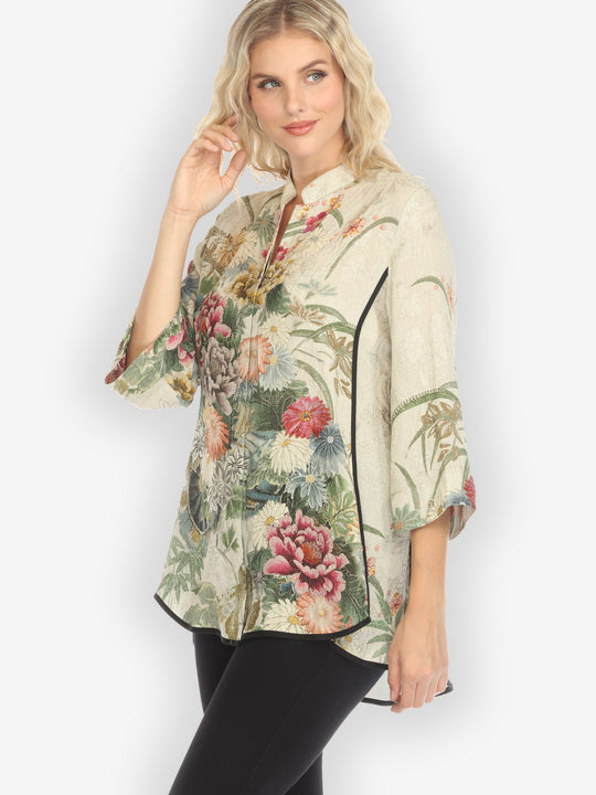 Vintage Flowers in Cream Tummy Tuck Silk Shirt