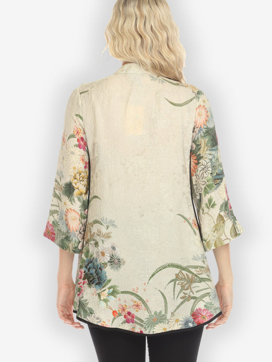 Vintage Flowers in Cream Tummy Tuck Silk Shirt