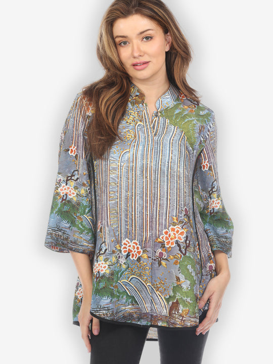 Waterfall and Flowers Silk Tummy Tuck Shirt