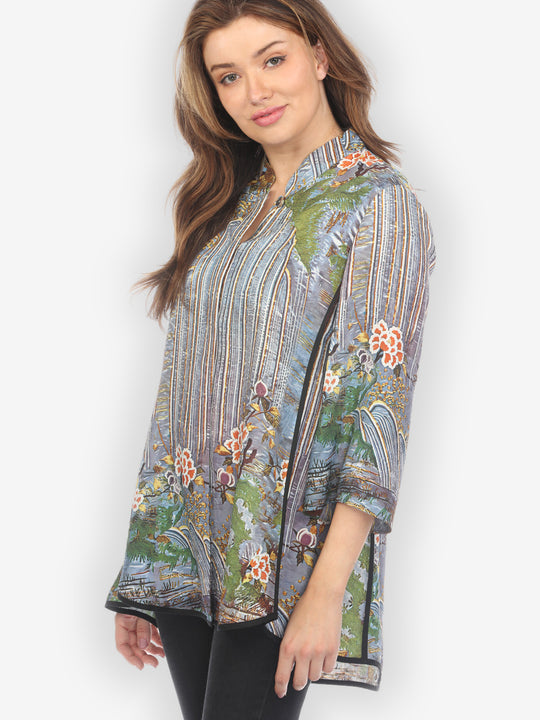 Waterfall and Flowers Silk Tummy Tuck Shirt