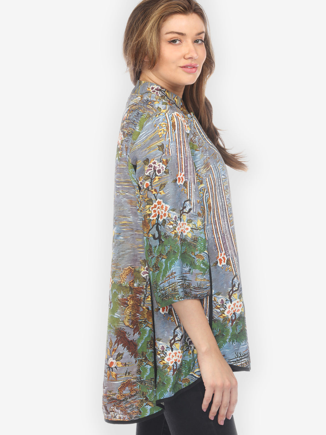 Waterfall and Flowers Silk Tummy Tuck Shirt