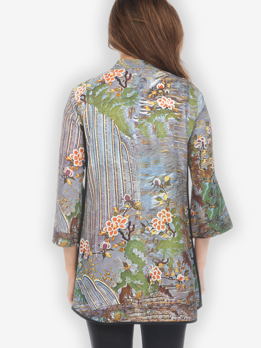 Waterfall and Flowers Silk Tummy Tuck Shirt