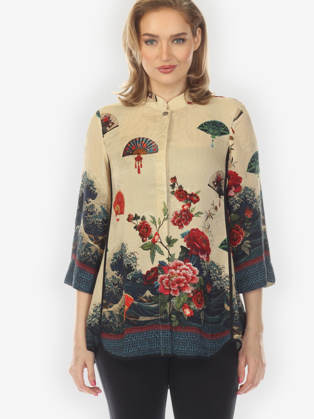 Waves Fans Flowers in Cream Silk Tummy Tuck Shirt