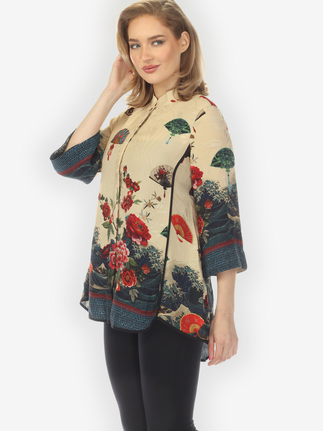 Waves Fans Flowers in Cream Silk Tummy Tuck Shirt