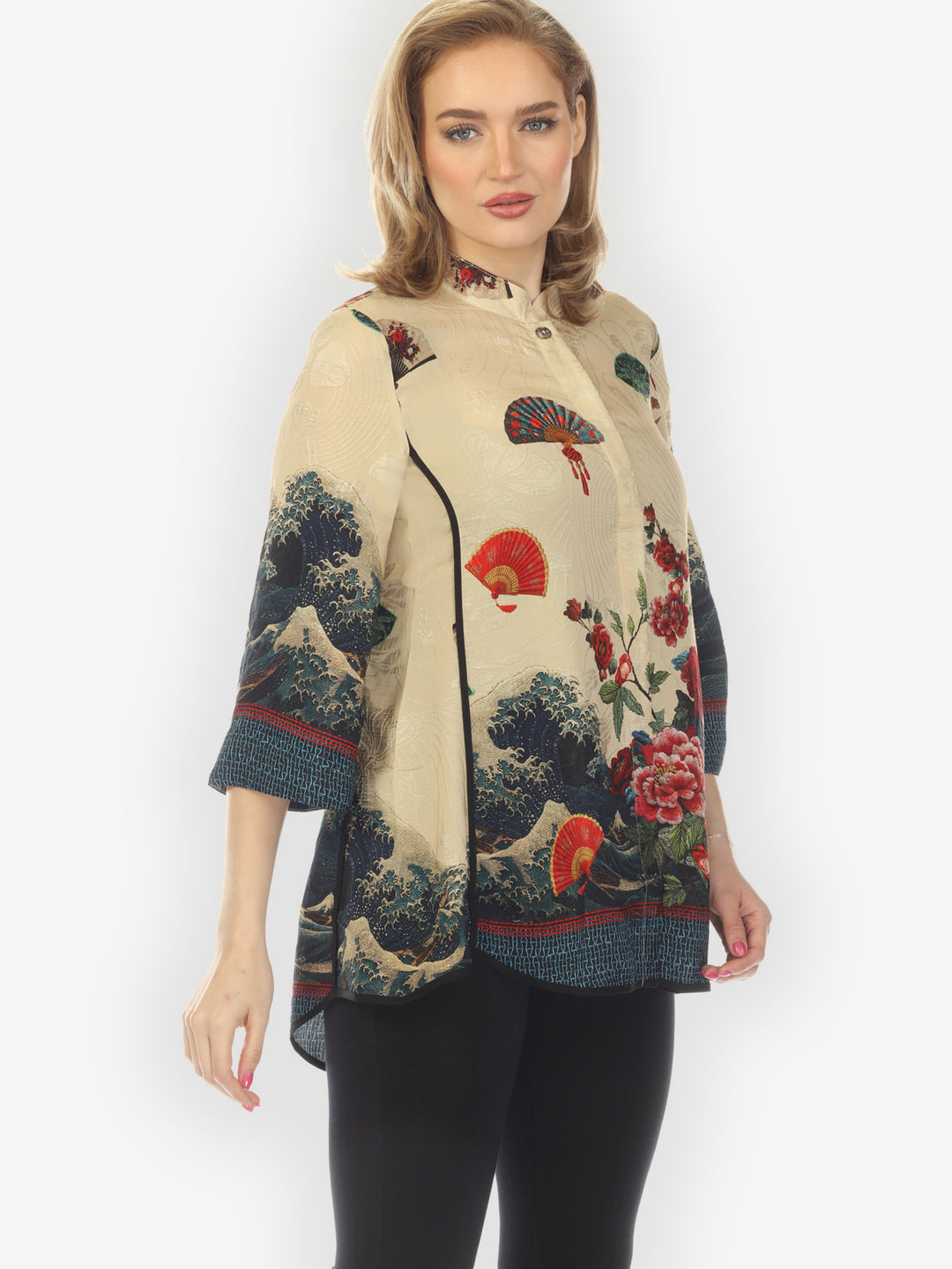 Waves Fans Flowers in Cream Silk Tummy Tuck Shirt