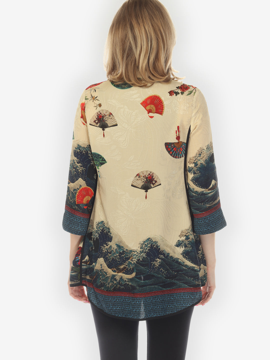 Waves Fans Flowers in Cream Silk Tummy Tuck Shirt