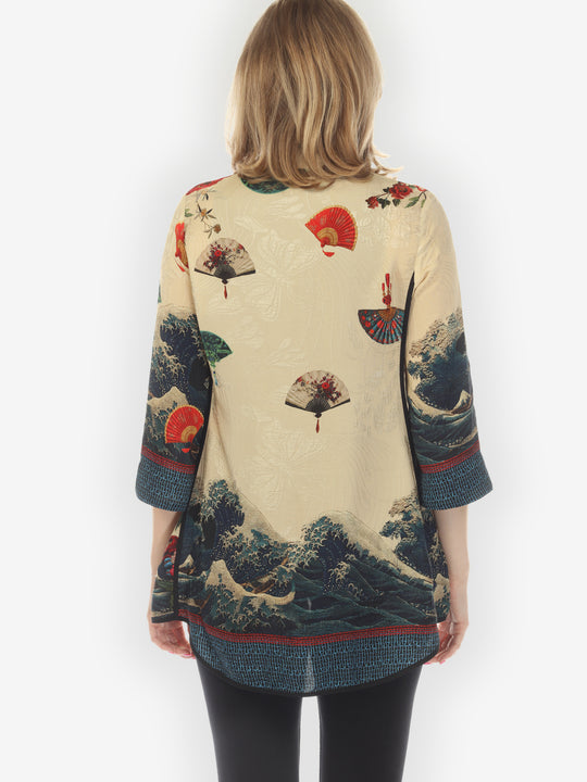 Waves Fans Flowers in Cream Silk Tummy Tuck Shirt