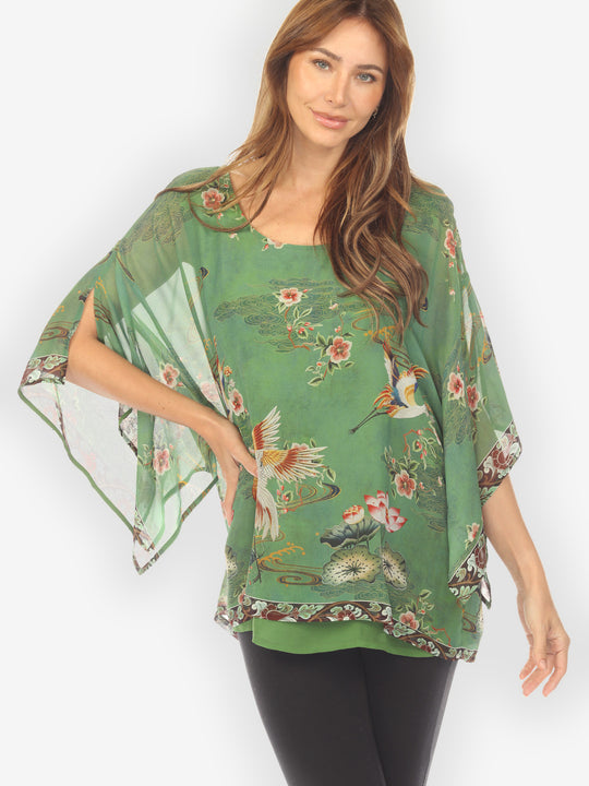 Elegant Crane Lotus Double Layer Silk Top