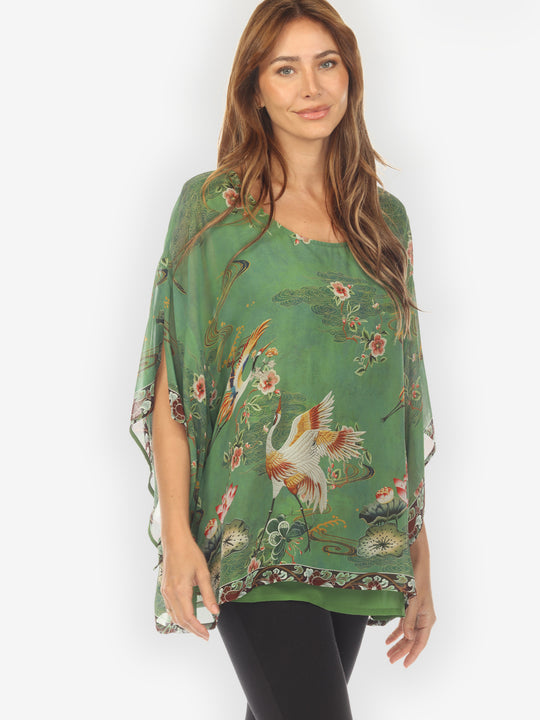 Elegant Crane Lotus Double Layer Silk Top