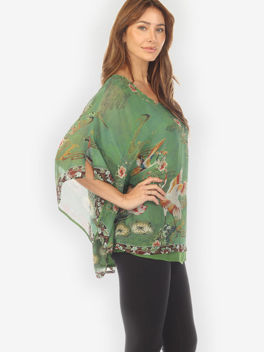Elegant Crane Lotus Double Layer Silk Top