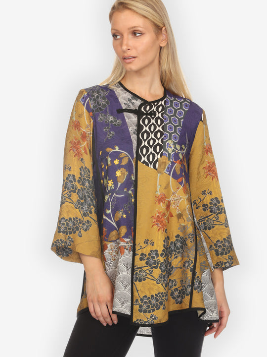 Bohemian Mixed Art Frog Closure Silk Blouse