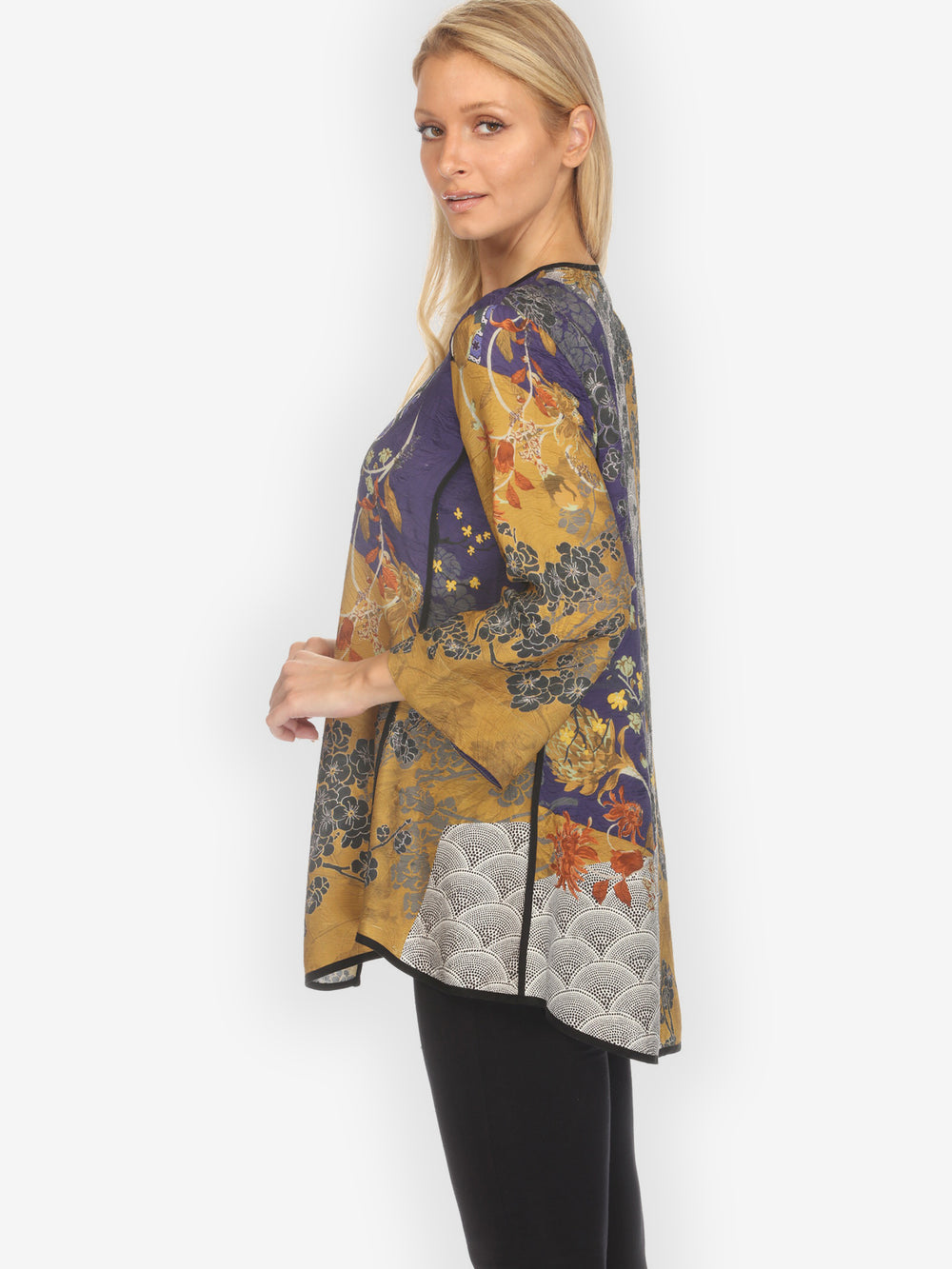 Bohemian Mixed Art Frog Closure Silk Blouse