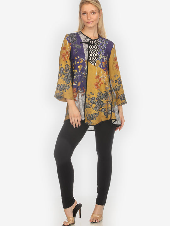 Bohemian Mixed Art Frog Closure Silk Blouse