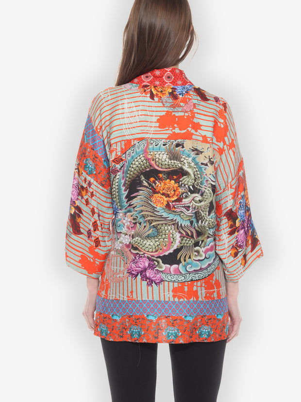Blooming Dragon Waves Silk Notch Collar Shirt - L