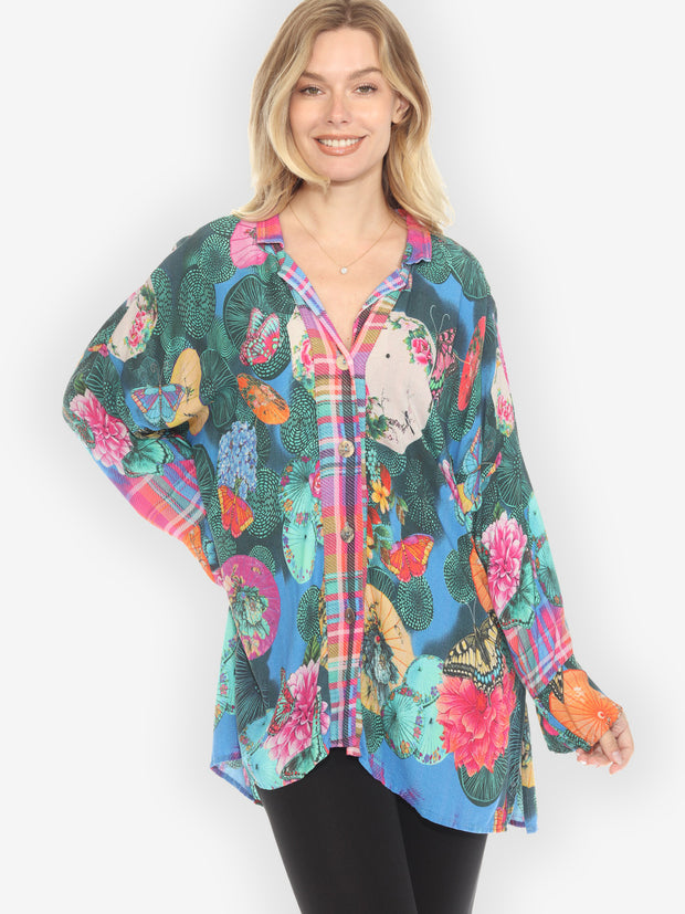 Textured Flower Butterfly Notch Collar Shirt - XL