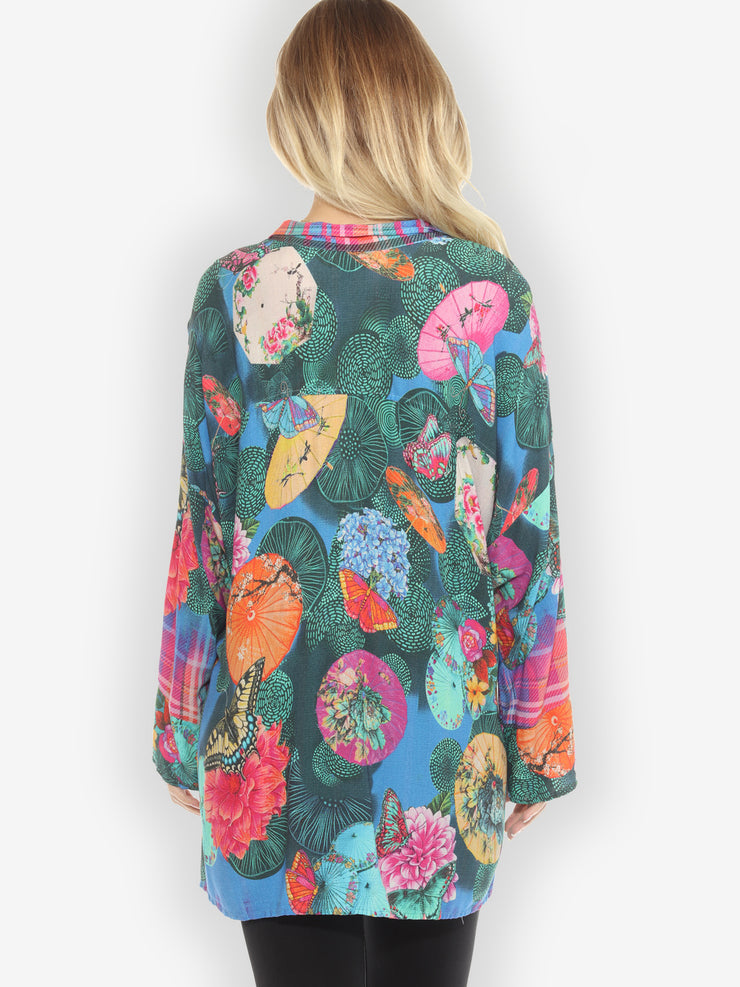 Textured Flower Butterfly Notch Collar Shirt - XL