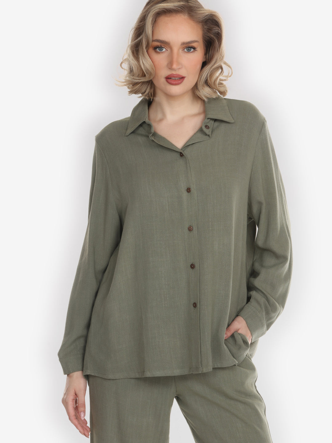 Solid Linen Tencel in olive Long-Sleeved Shirt