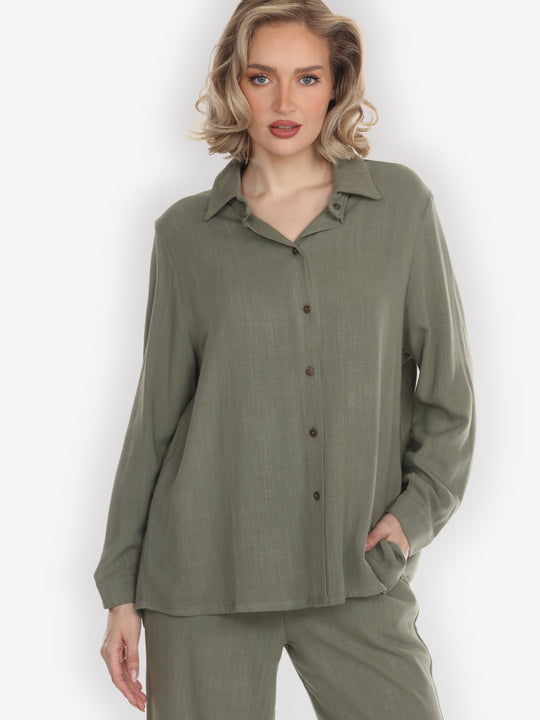 Solid Linen Tencel in olive Long-Sleeved Shirt