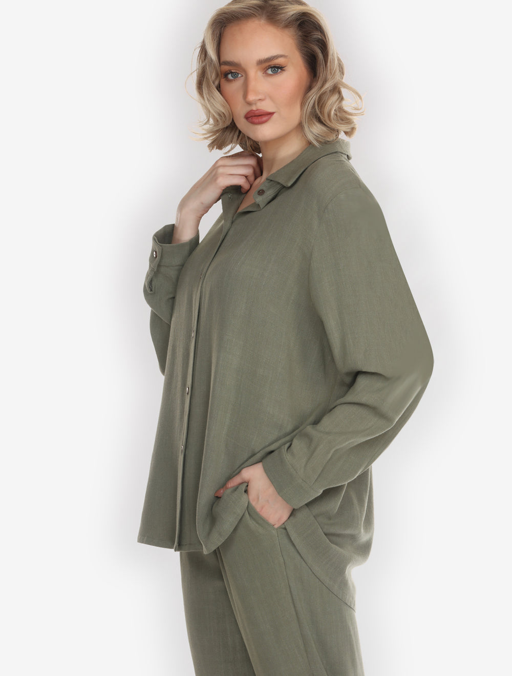 Solid Linen Tencel in olive Long-Sleeved Shirt